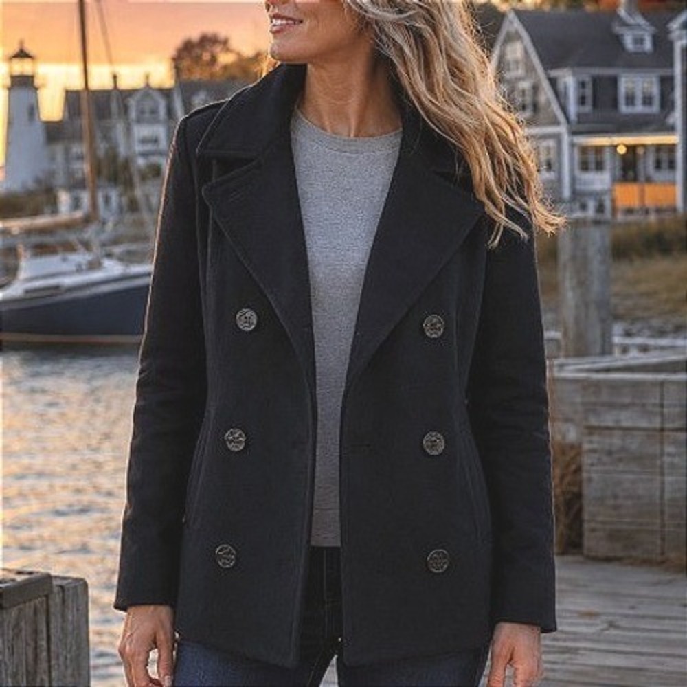 VTG 80s Forecaster of Boston Black Pea Coat Nautical Double Breasted Jacket 14